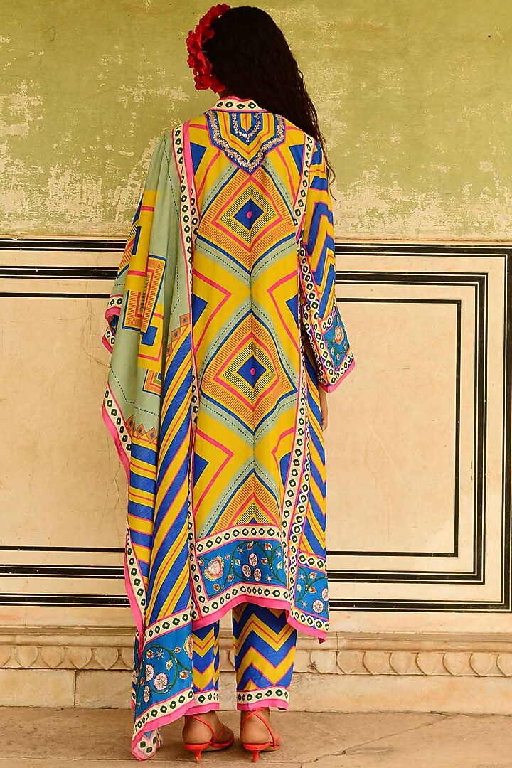 Multi-Colored Silk Printed & Embroidered Kurta Set by Swati Vijaivargie at Pernia's Pop Up Shop