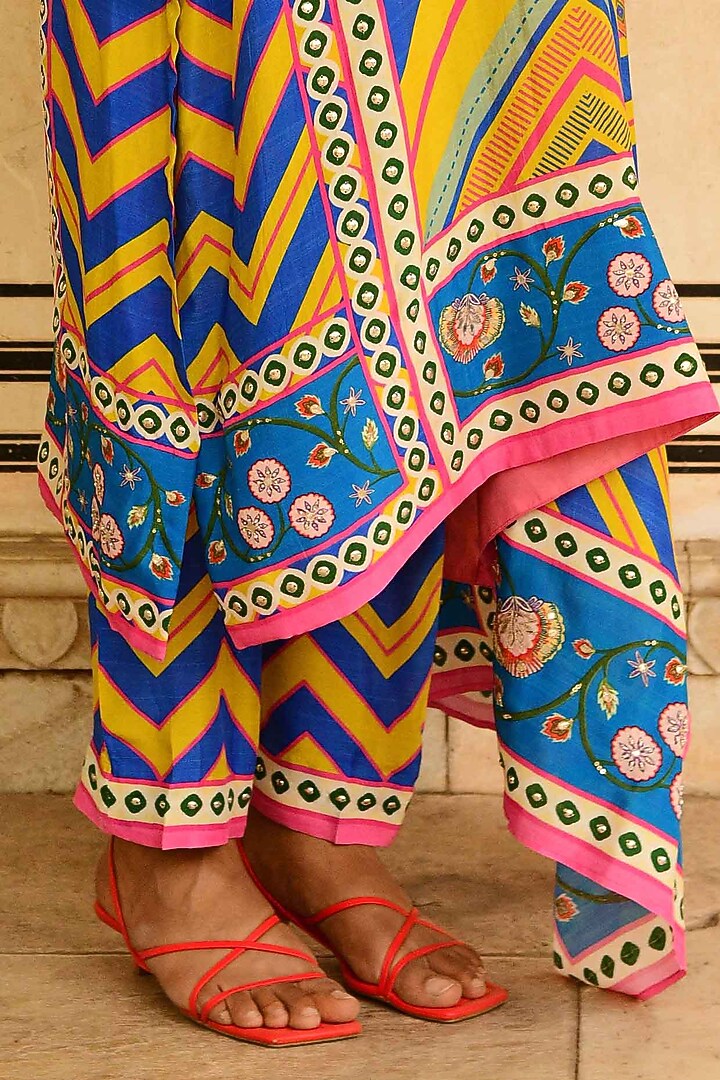 Multi-Colored Silk Printed & Embroidered Kurta Set by Swati Vijaivargie at Pernia's Pop Up Shop
