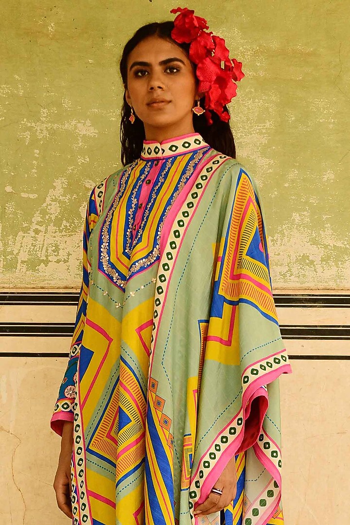 Multi-Colored Silk Printed & Embroidered Kurta Set by Swati Vijaivargie at Pernia's Pop Up Shop
