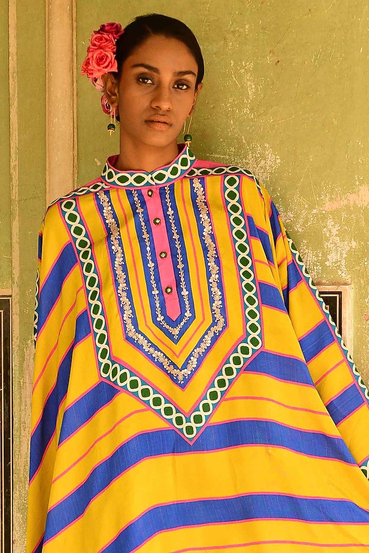 Multi-Colored Silk Printed & Embroidered Cape Set by Swati Vijaivargie at Pernia's Pop Up Shop