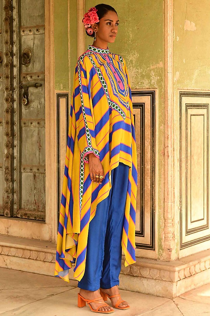 Multi-Colored Silk Printed & Embroidered Cape Set by Swati Vijaivargie at Pernia's Pop Up Shop