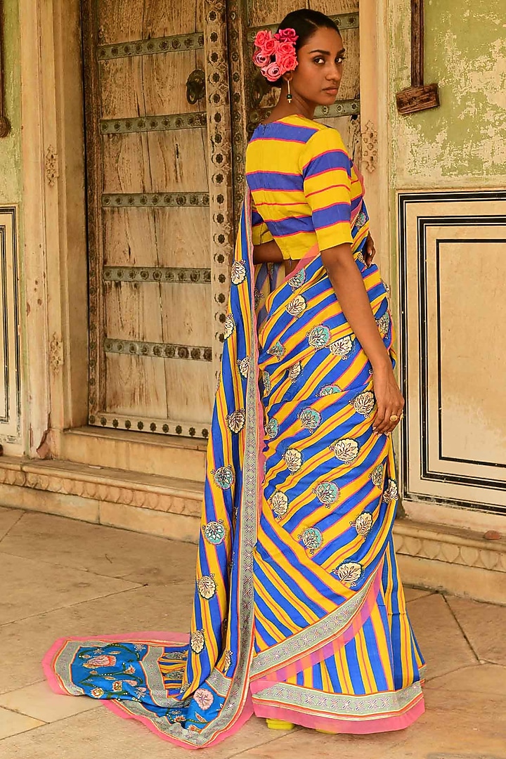 Blue Silk Printed Wedding Saree by Swati Vijaivargie at Pernia's Pop Up Shop