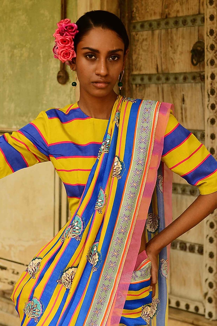 Blue Silk Printed Wedding Saree by Swati Vijaivargie at Pernia's Pop Up Shop