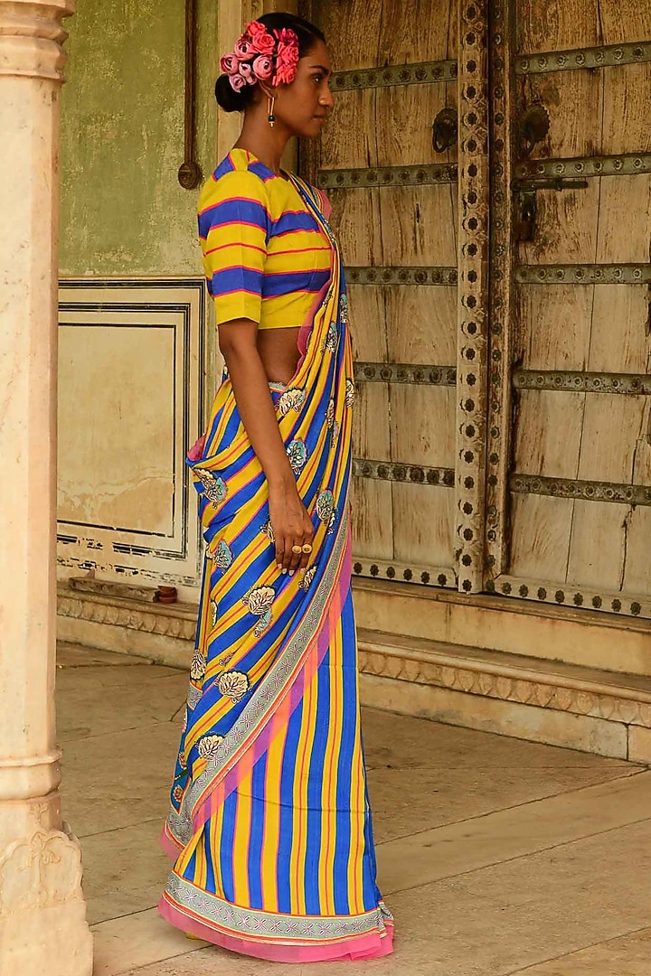 Blue Silk Printed Wedding Saree by Swati Vijaivargie at Pernia's Pop Up Shop