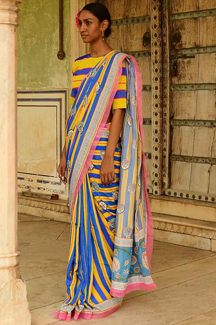 Blue Silk Printed Wedding Saree by Swati Vijaivargie at Pernia's Pop Up Shop