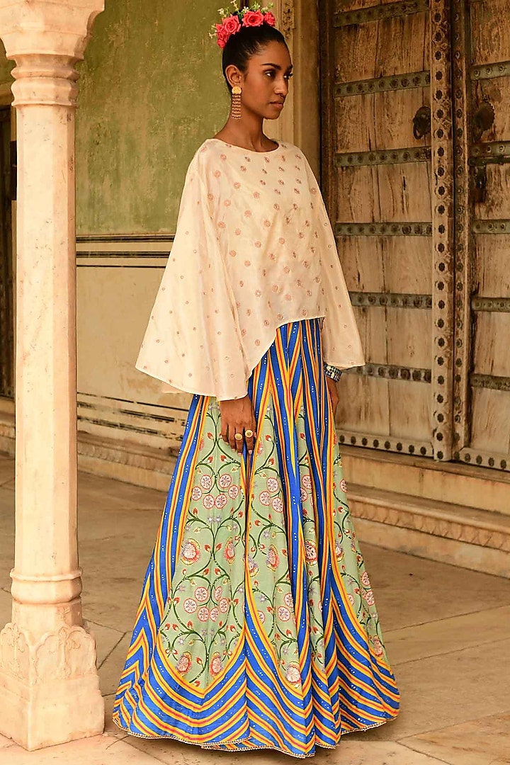 Multi-Colored Silk Printed Skirt Set by Swati Vijaivargie