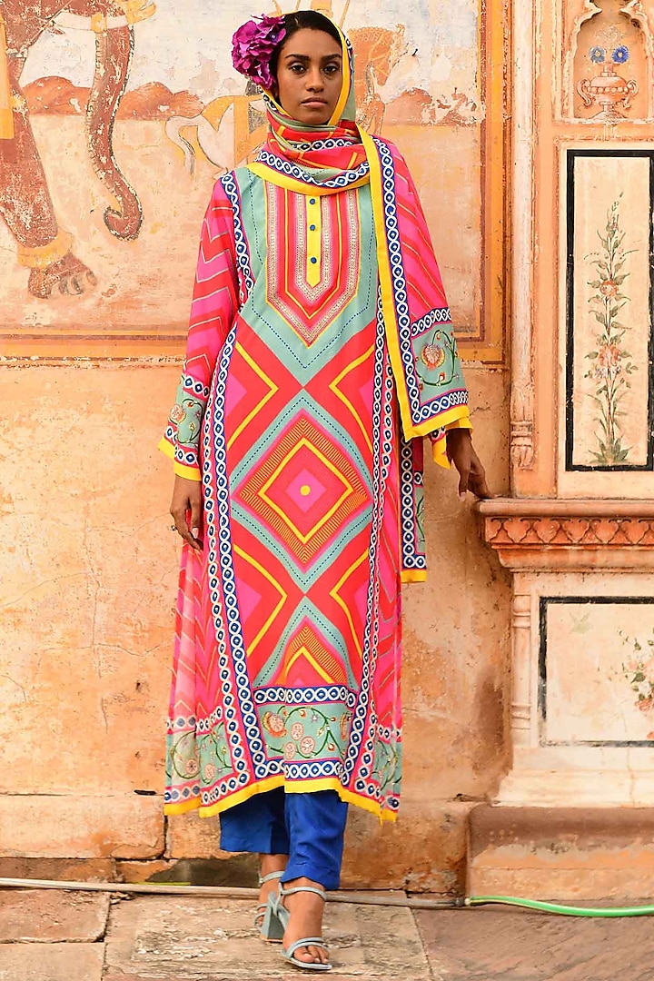 Multi-Colored Silk Printed Kurta Set by Swati Vijaivargie