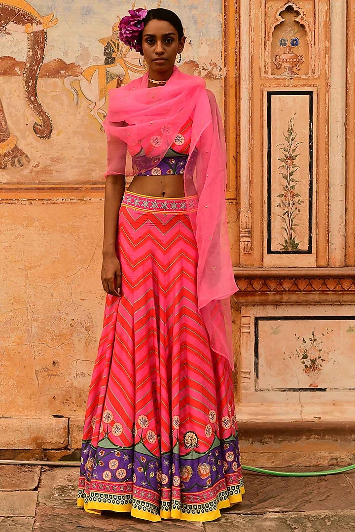 Multi-Colored Silk Printed Lehenga Set by Swati Vijaivargie