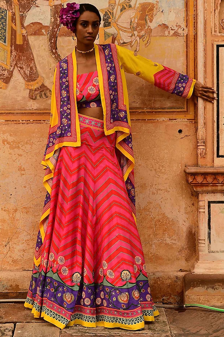 Multi-Colored Silk & Organza Printed Jacket Lehenga Set by Swati Vijaivargie