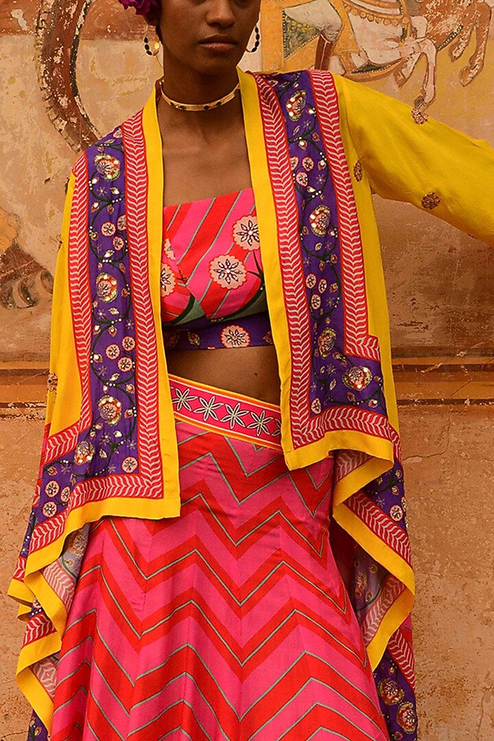 Multi-Colored Silk & Organza Printed Jacket Wedding Lehenga Set by Swati Vijaivargie at Pernia's Pop Up Shop