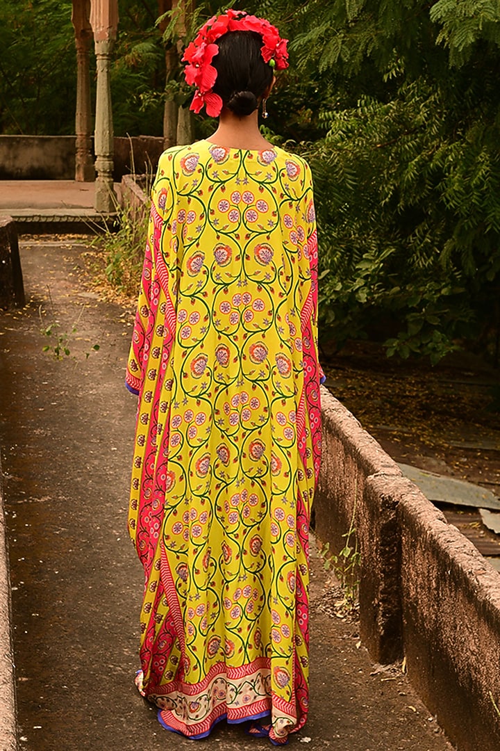 Lime Yellow Silk Floral Printed Kaftan by Swati Vijaivargie at Pernia's Pop Up Shop