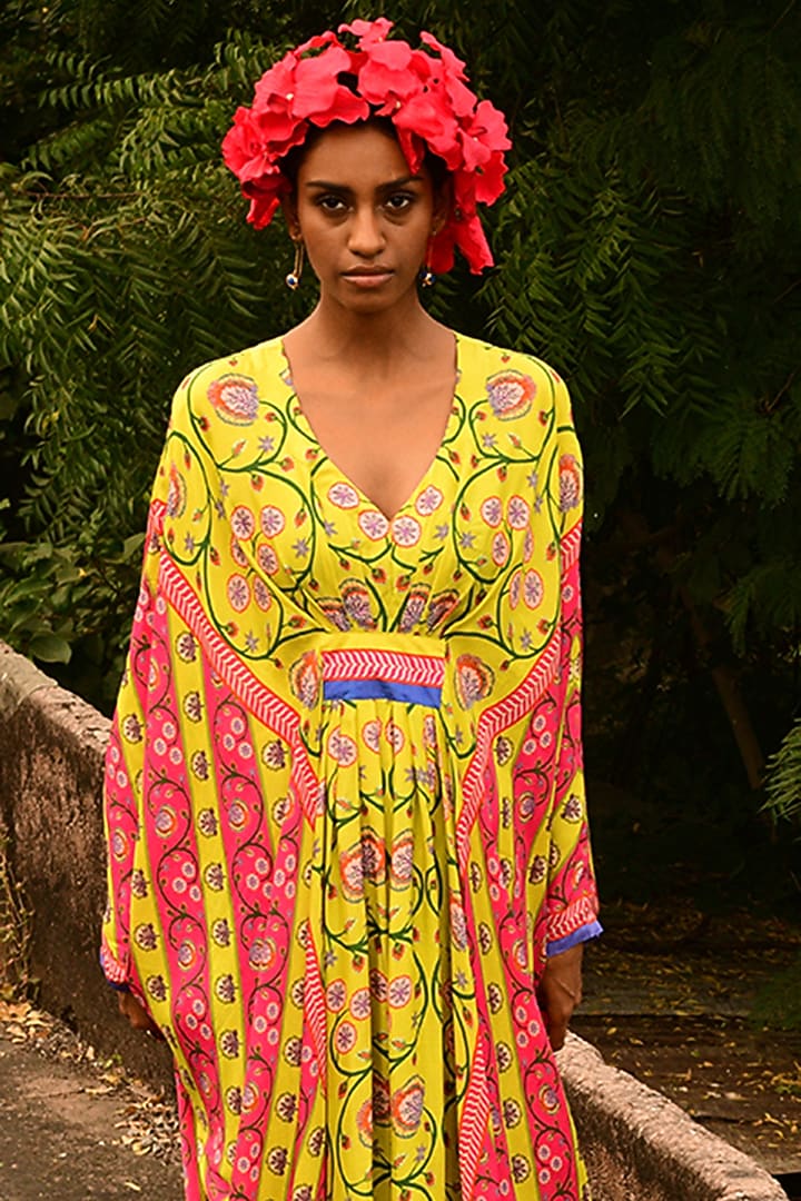 Lime Yellow Silk Floral Printed Kaftan by Swati Vijaivargie at Pernia's Pop Up Shop