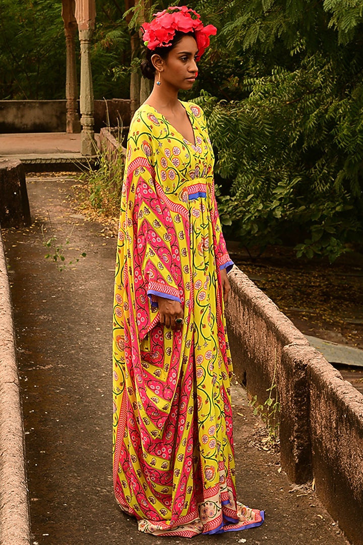 Lime Yellow Silk Floral Printed Kaftan by Swati Vijaivargie at Pernia's Pop Up Shop