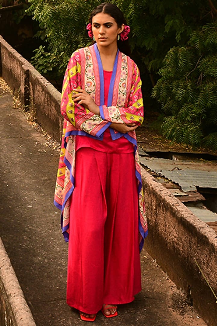Deep Fuchsia Silk & Linen Satin Pant Set by Swati Vijaivargie at Pernia's Pop Up Shop
