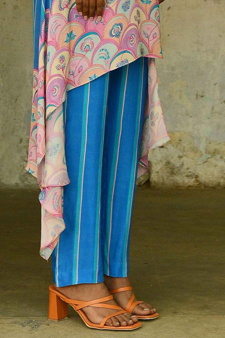 Blue Silk Printed Asymmetrical Tunic Set by Swati Vijaivargie at Pernia's Pop Up Shop