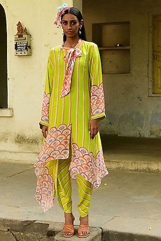 Lime Green Silk Tunic Set by Swati Vijaivargie
