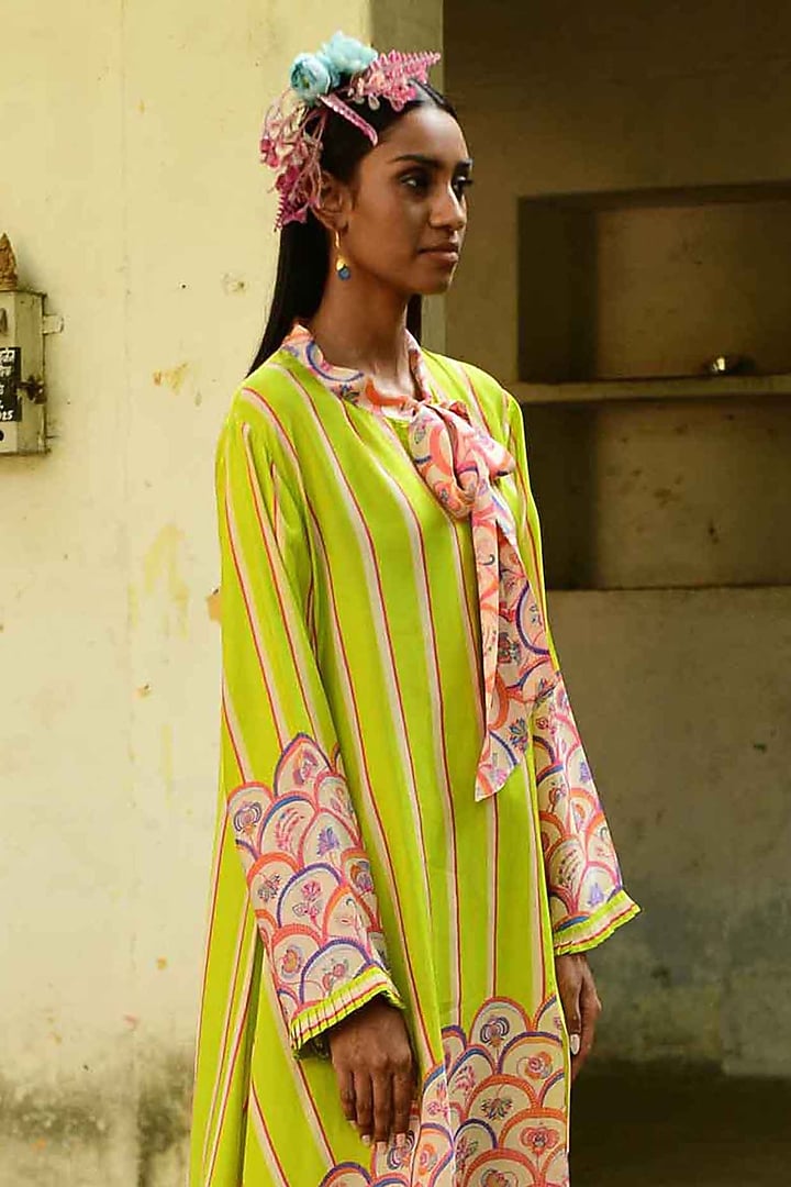 Lime Green Silk Tunic Set by Swati Vijaivargie at Pernia's Pop Up Shop