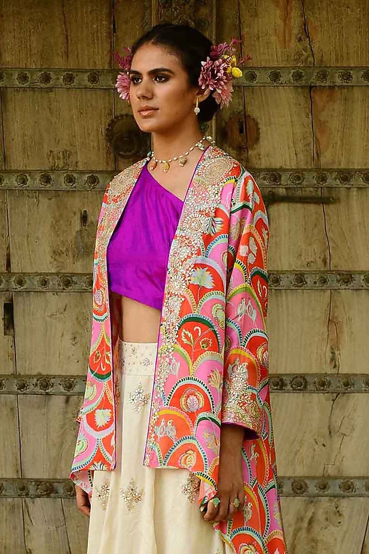 White Modal Satin & Linen Satin Embroidered Jacket Wedding Lehenga Set by Swati Vijaivargie at Pernia's Pop Up Shop