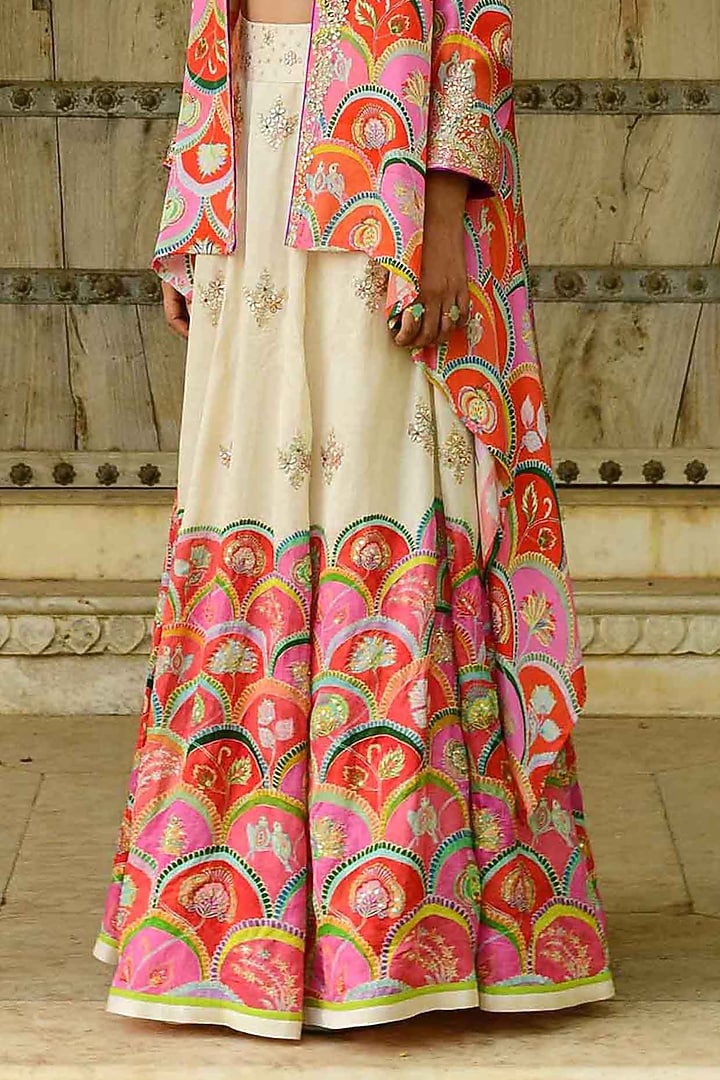 White Modal Satin & Linen Satin Embroidered Jacket Wedding Lehenga Set by Swati Vijaivargie at Pernia's Pop Up Shop
