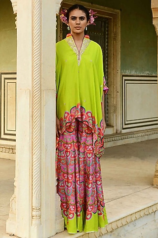 Red Silk Printed Sharara Set by swati vijaivargie