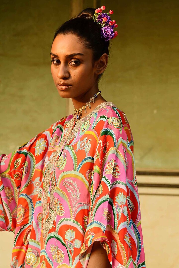 Red Modal Satin Embroidered Kaftan Set by Swati Vijaivargie at Pernia's Pop Up Shop