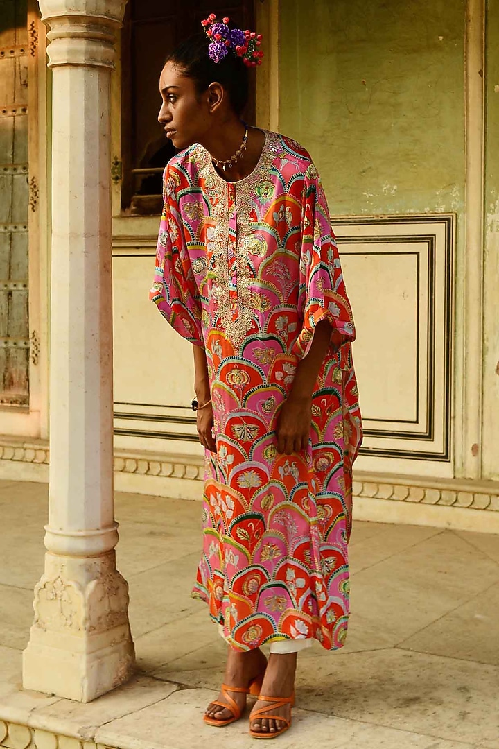 Red Modal Satin Embroidered Kaftan Set by Swati Vijaivargie at Pernia's Pop Up Shop