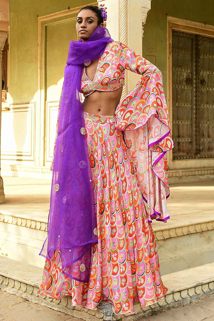 Red Modal Satin Wedding Lehenga Set by Swati Vijaivargie at Pernia's Pop Up Shop