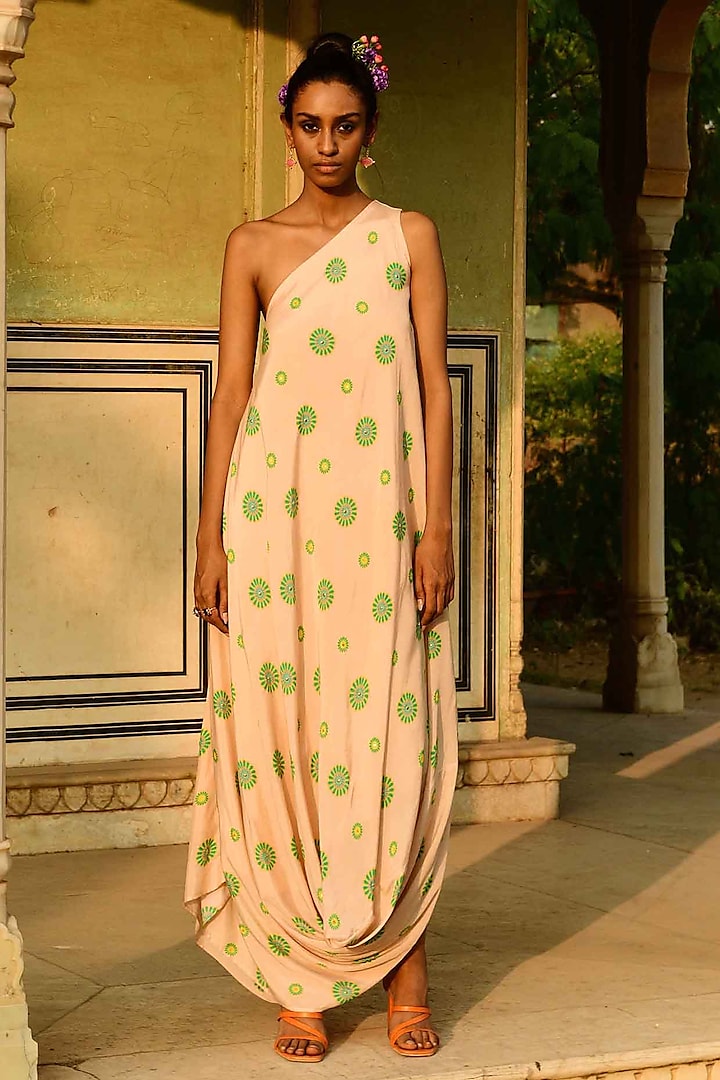 Ivory Silk Printed One-Shoulder Cowl Dress by Swati Vijaivargie