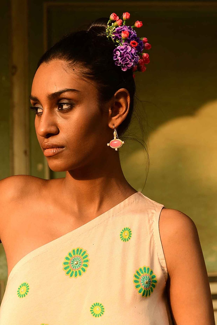 Ivory Silk Printed One-Shoulder Cowl Vacation Dress by Swati Vijaivargie at Pernia's Pop Up Shop