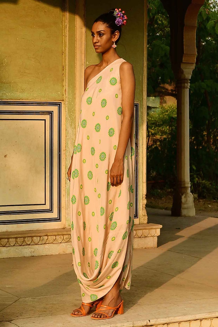 Ivory Silk Printed One-Shoulder Cowl Vacation Dress by Swati Vijaivargie at Pernia's Pop Up Shop