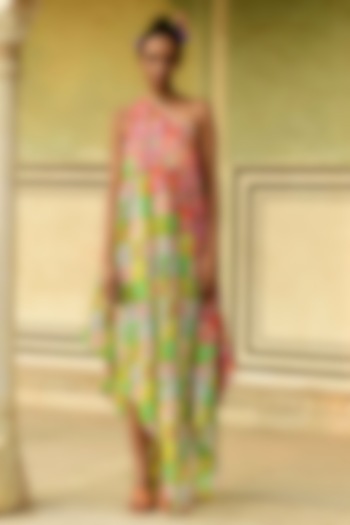 Multi-Colored Silk One-Shoulder Dress by Swati Vijaivargie at Pernia's Pop Up Shop