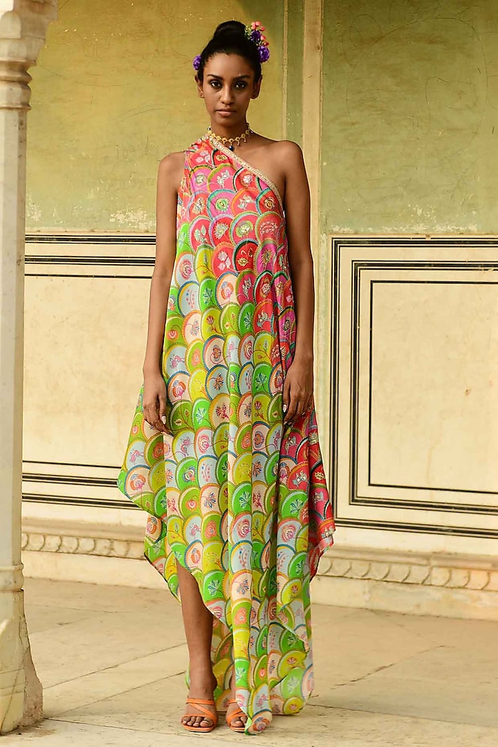 Multi-Colored Silk One-Shoulder Dress by Swati Vijaivargie