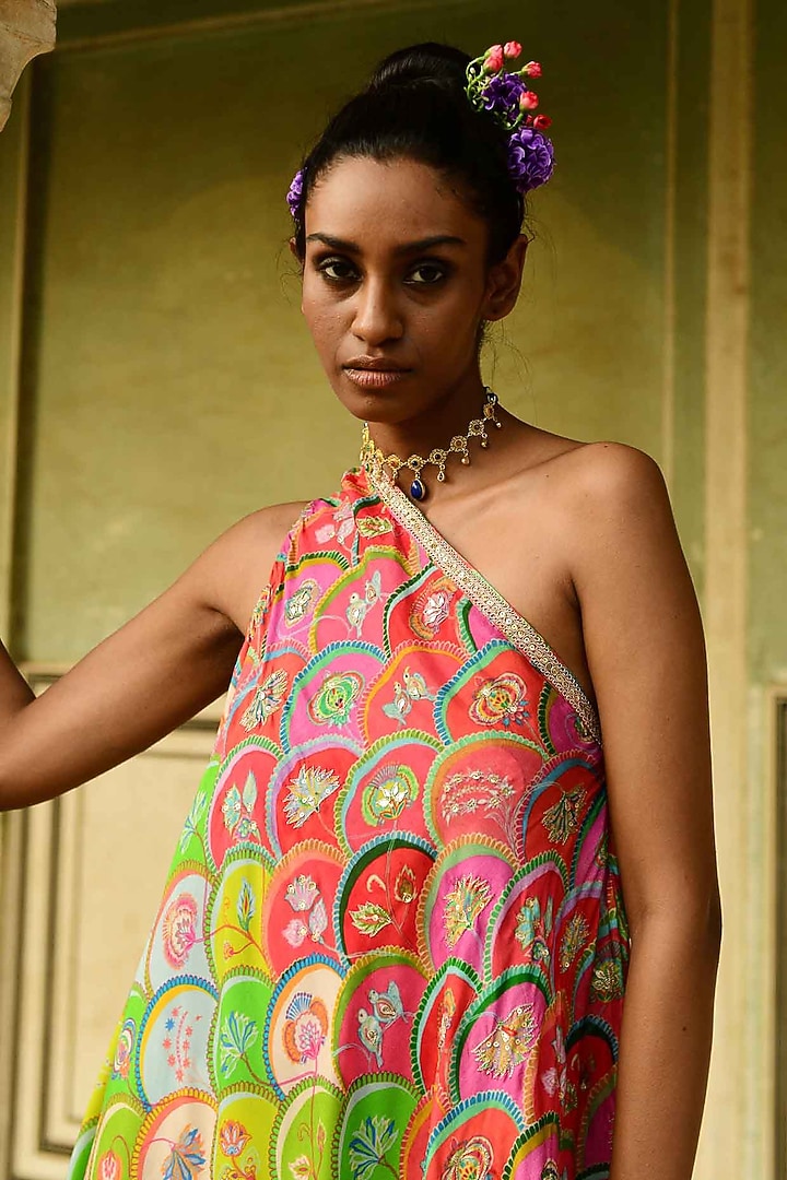 Multi-Colored Silk One-Shoulder Vacation Dress by Swati Vijaivargie at Pernia's Pop Up Shop