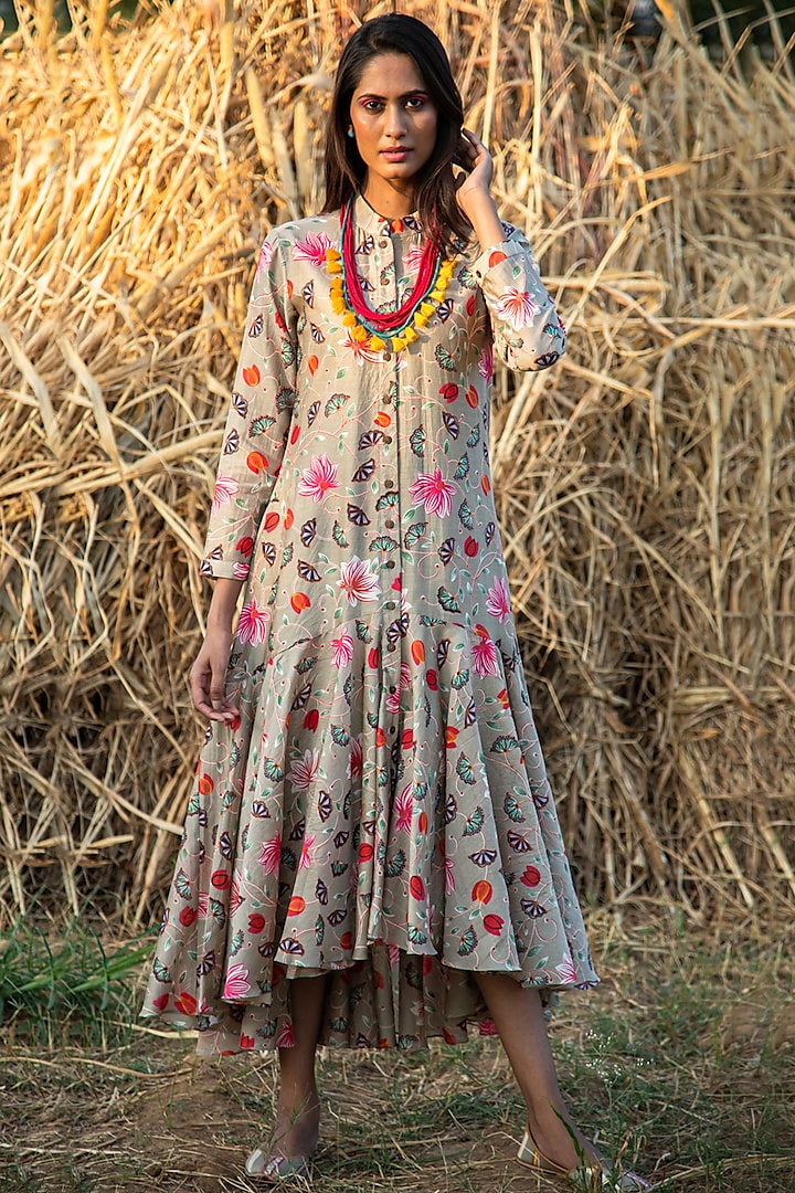 Beige Printed Flared Dress by Swati Vijaivargie