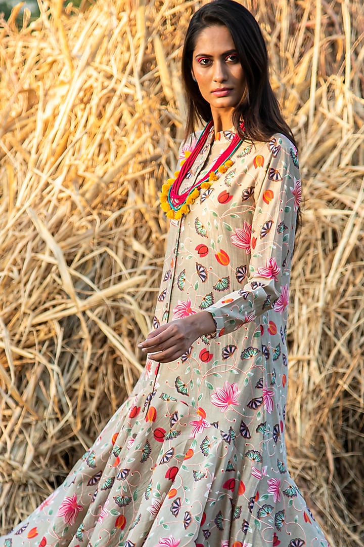 Beige Printed Flared Summer Dress by Swati Vijaivargie at Pernia's Pop Up Shop