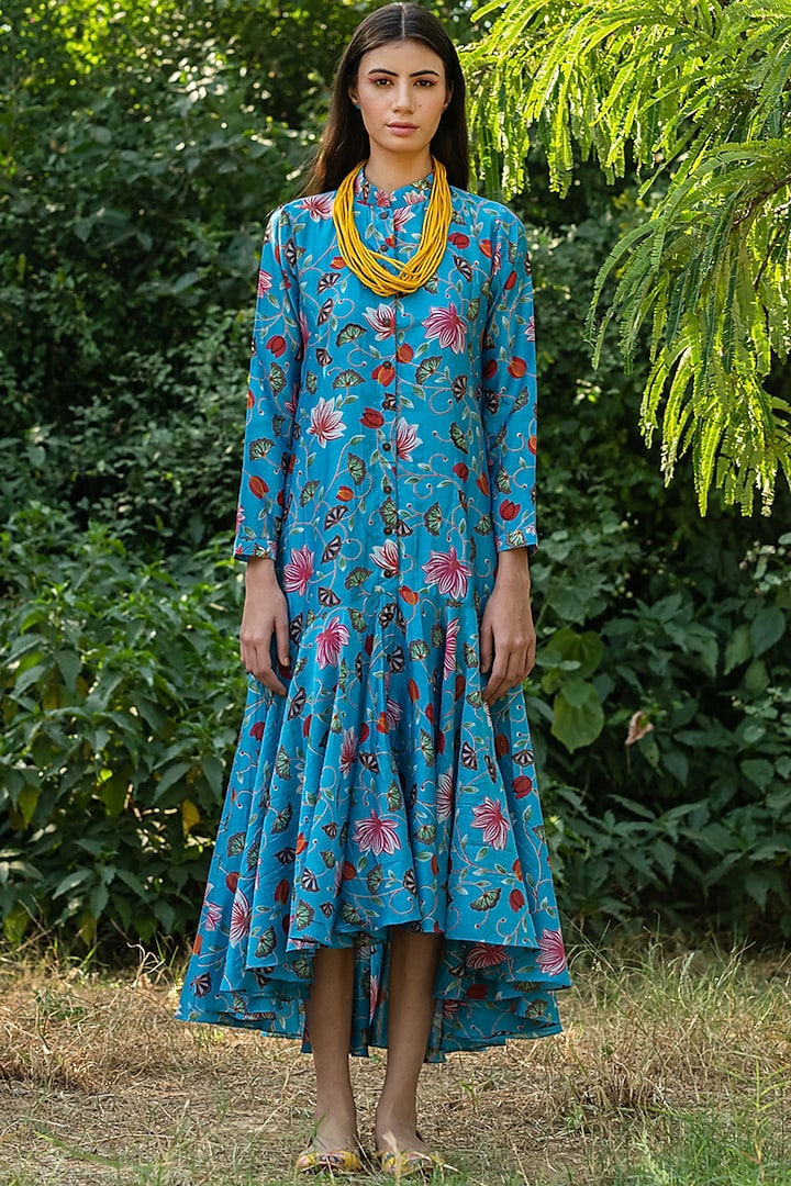 Turquoise Printed Flared Dress by Swati Vijaivargie