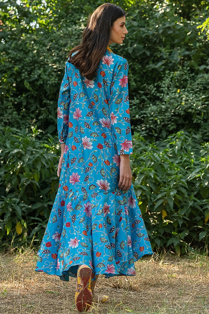 Turquoise Printed Flared Summer Dress by Swati Vijaivargie at Pernia's Pop Up Shop