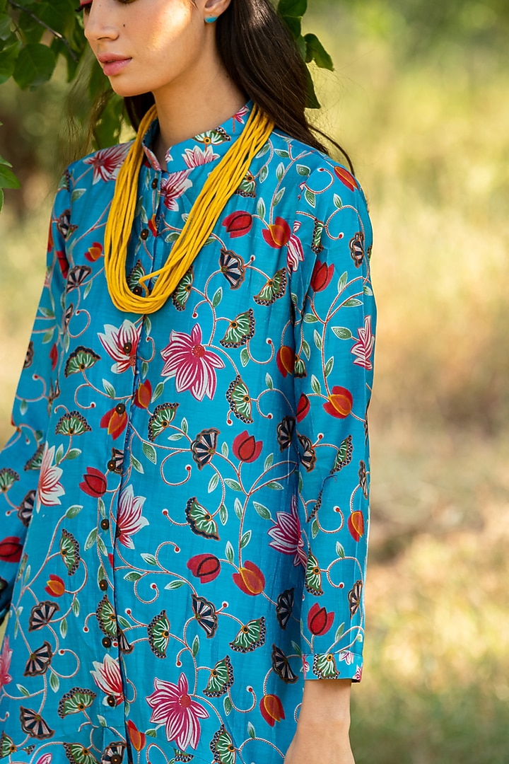 Turquoise Printed Flared Summer Dress by Swati Vijaivargie at Pernia's Pop Up Shop