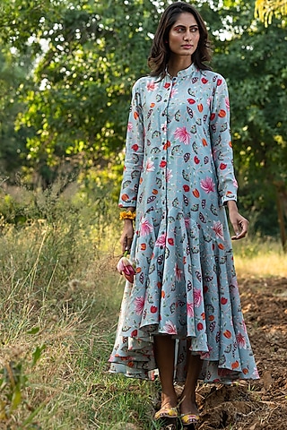 Grey Printed Flared Dress by Swati Vijaivargie