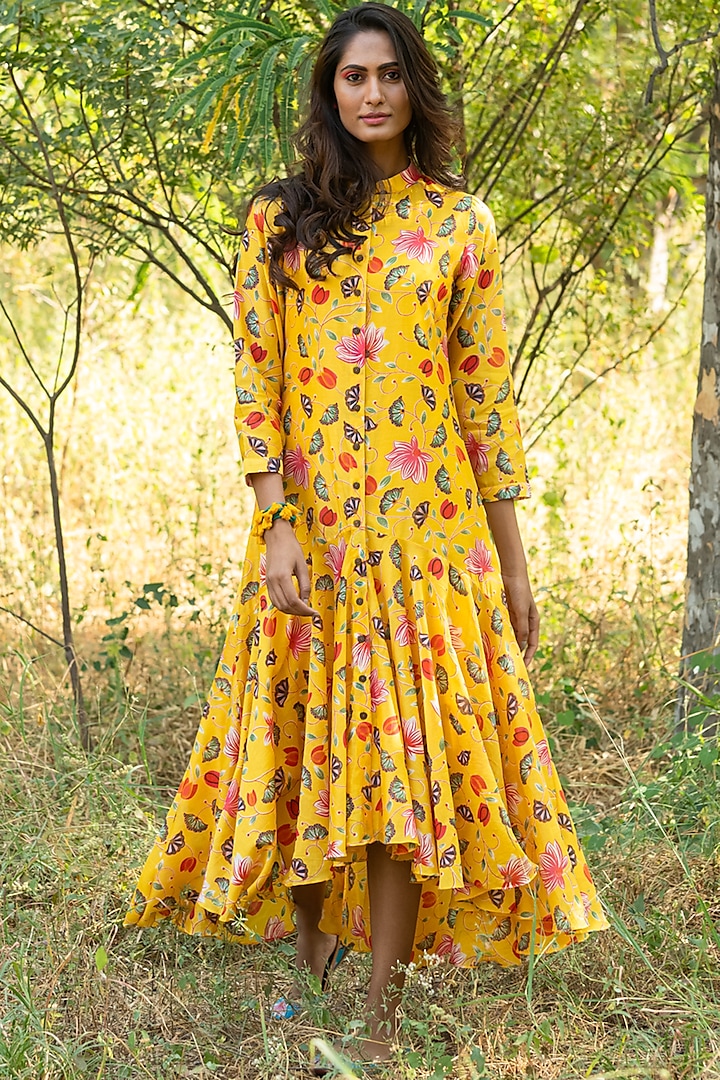 Yellow Printed Flared Dress by Swati Vijaivargie