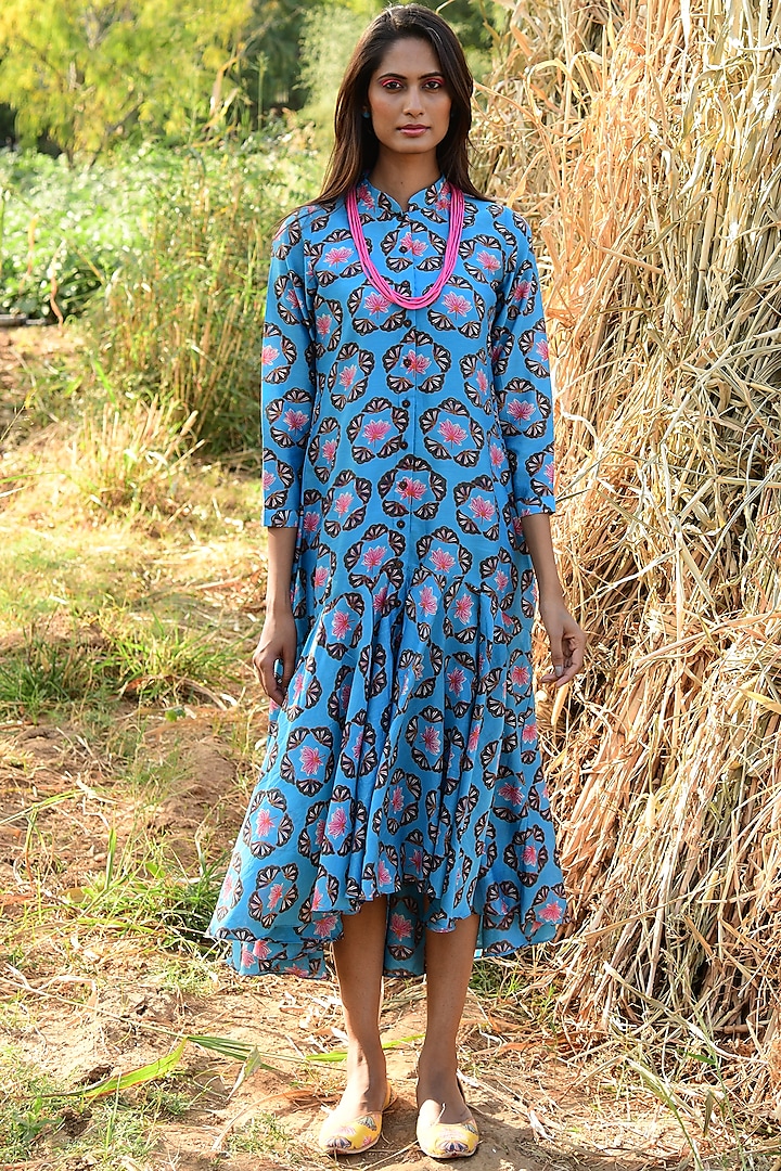 Turquoise Flared Dress With Print by Swati Vijaivargie