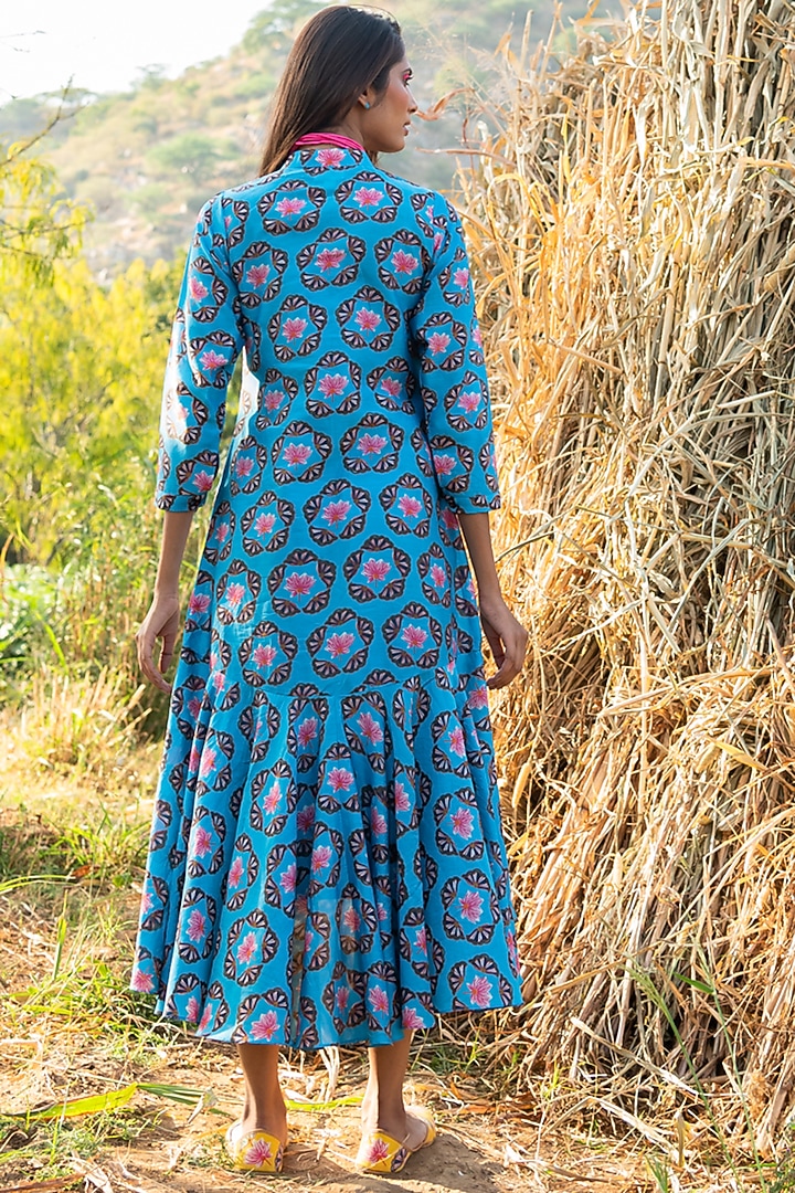Turquoise Flared Summer Dress With Print by Swati Vijaivargie at Pernia's Pop Up Shop