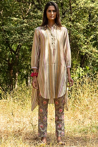 Beige Printed Tunic Set by Swati Vijaivargie
