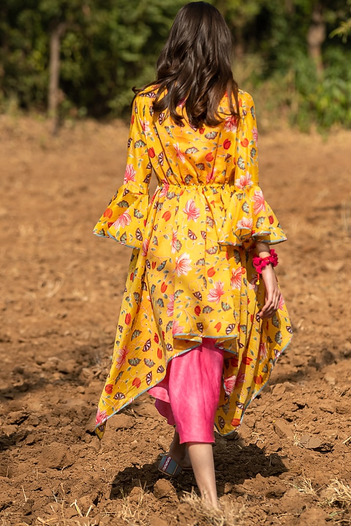 Yellow Printed Overlay Jacket With Dress by Swati Vijaivargie at Pernia's Pop Up Shop