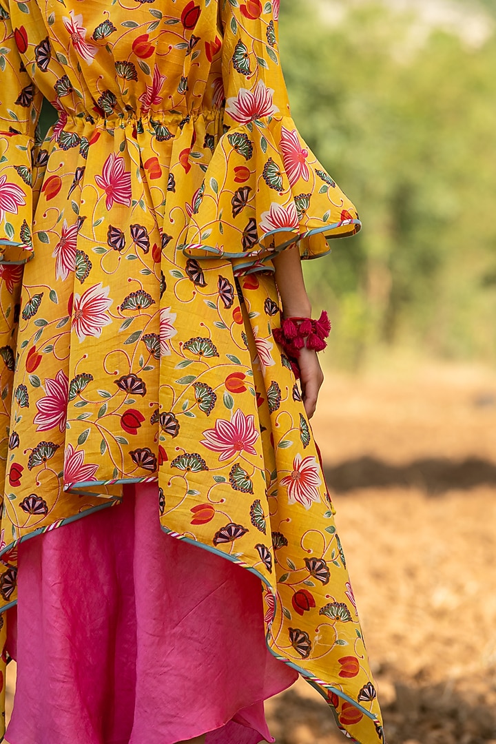 Yellow Printed Overlay Jacket With Dress by Swati Vijaivargie at Pernia's Pop Up Shop