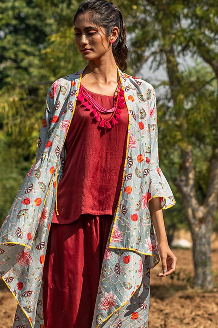 Grey Printed Overlay Jacket Set by Swati Vijaivargie at Pernia's Pop Up Shop