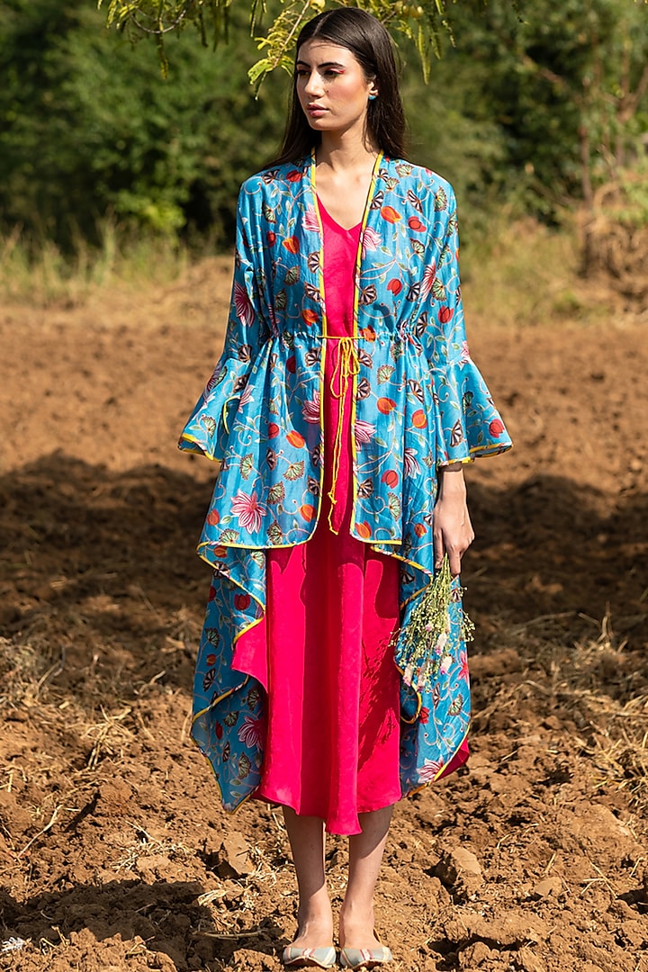 Turquoise Printed Overlay Jacket With Dress by Swati Vijaivargie