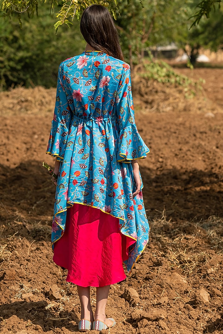 Turquoise Printed Overlay Jacket With Dress by Swati Vijaivargie at Pernia's Pop Up Shop