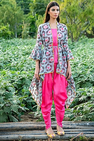 Grey Butti Printed Overlay Jacket Set by Swati Vijaivargie