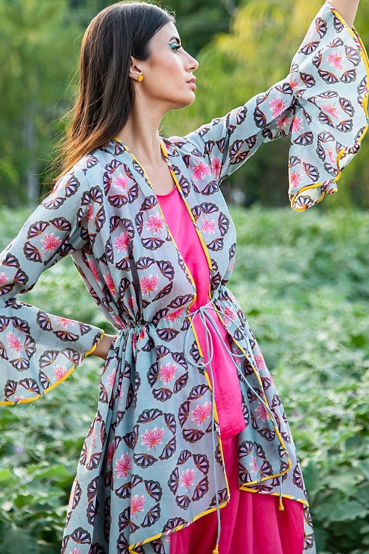 Grey Butti Printed Overlay Jacket Set by Swati Vijaivargie at Pernia's Pop Up Shop